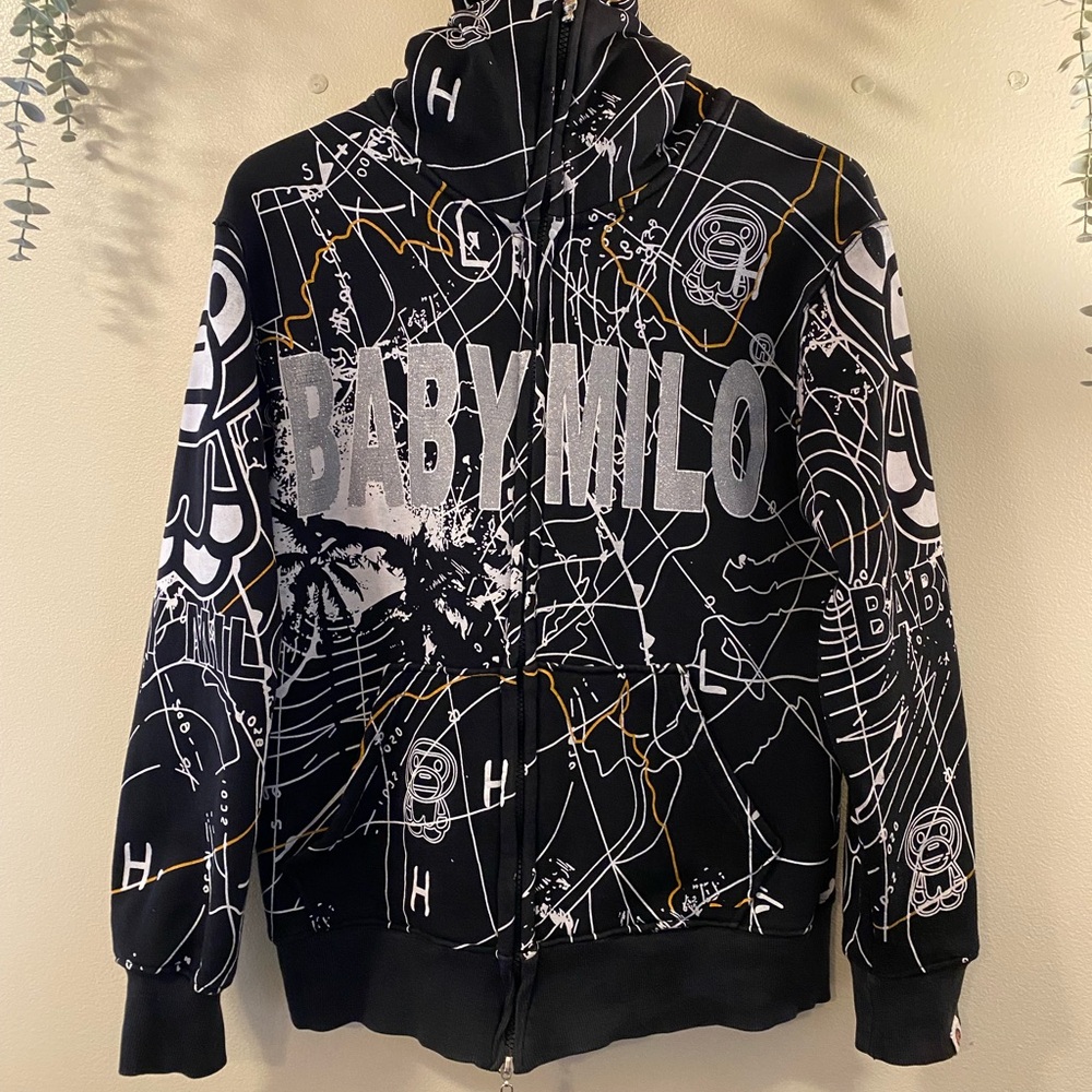Vintage Baby Milo A Bathing Ape Black Graphic Zip-Up Hoodie